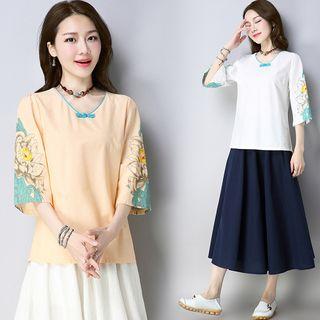 3/4-sleeve Flora Print Top
