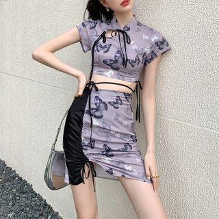 Set: Short-sleeve Butterfly Print Qipao Top + Mini Pencil Skirt