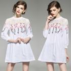 Lace Panel Flamingo Embroidered Blouse