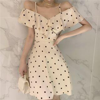 Dotted Ruffle Cold Shoulder A-line Dress