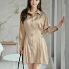 Long-sleeve Satin Mini A-line Shirt Dress