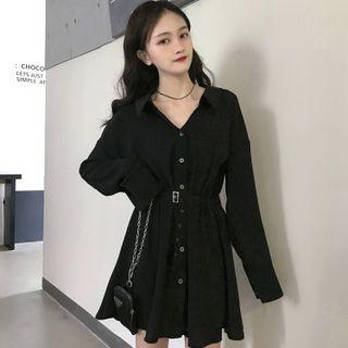 Long-sleeve Plain Mini Shirtdress Black - One Size