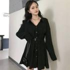 Long-sleeve Plain Mini Shirtdress Black - One Size