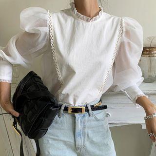 Long-sleeve Mock-neck Blouse Ivory - One Size