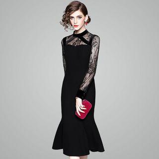 Lace Panel Long-sleeve Midi Mermaid Dress