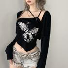 Set: Light Jacket + Butterfly Print Asymmetrical Cropped Camisole Top