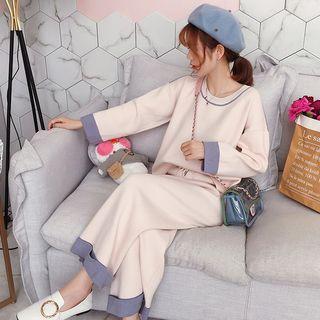 Set: Contrast Trim Sweater + Wide-leg Pants