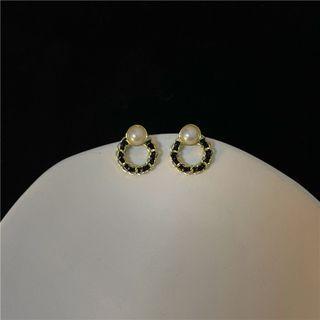 Faux Pearl Alloy Faux Leather Hoop Earring 1 Pair - S925 Silver Needle - Black & Gold - One Size