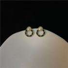 Faux Pearl Alloy Faux Leather Hoop Earring 1 Pair - S925 Silver Needle - Black & Gold - One Size