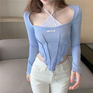 Long-sleeve Mock Two-piece Applique T-shirt Blue - One Size