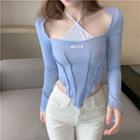 Long-sleeve Mock Two-piece Applique T-shirt Blue - One Size