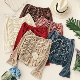 Off-shoulder Ruched Long-sleeve Top
