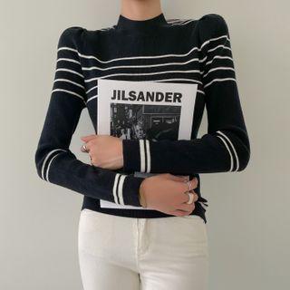 Puff-shoulder Stripe Slim-fit Knit Top