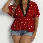Plus Size Short-sleeve V-neck Heart Print Top