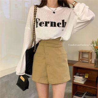 Long-sleeve Printed T-shirt / Plain Asymmetrical Skort