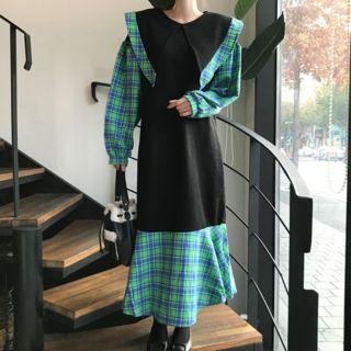 Long-sleeve Panel Plaid Midi A-line Dress