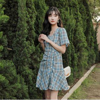 Plaid Button Shirred Mini A-line Dress
