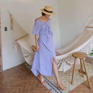 Off-shoulder Striped Shirtdress