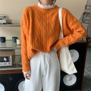 Plain Cable Knit Sweater / Long-sleeve Lace Top