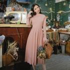 Long-sleeve Embroidered Midi Pleated Knit Dress Mauve - One Size