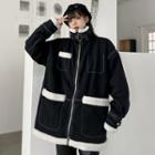 Fluffy Trim Buckled Denim Zip Jacket Black - One Size