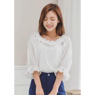 Laced Off-shoulder Ruffled Elbow-sleeve Top