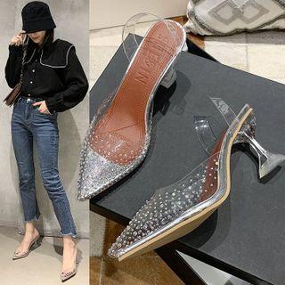 Flared Heel Rhinestone Pvc Slingback Pumps