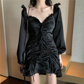 Balloon-sleeve Drawstring Ruffled Mini A-line Dress