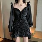 Balloon-sleeve Drawstring Ruffled Mini A-line Dress