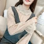 Long-sleeve Frill Trim Lace Top Almond - One Size