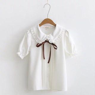 Frill Trim Bow Accent Short Sleeve Shirt