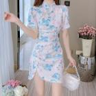 Short-sleeve Lace Trim Floral Print Mini Qipao Dress