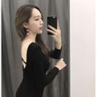 Long-sleeve Plain Sheath Dress Black - One Size
