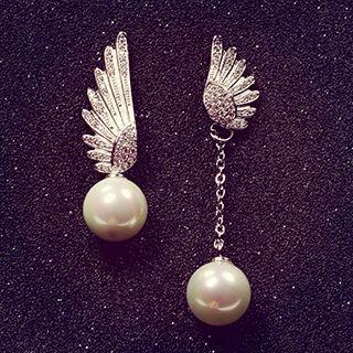 Rhinestone Wing Faux-pearl Non-matching Earrings