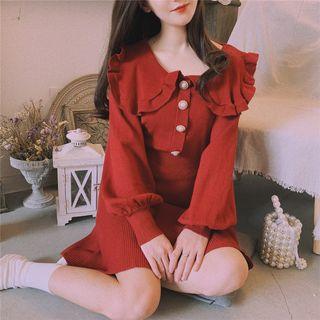 Faux Pearl Collared A-line Mini Knit Dress