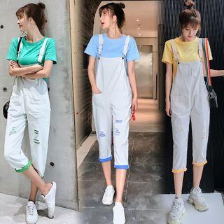 Plain Short-sleeve T-shirt / Distressed Denim Jumper Pants / Set