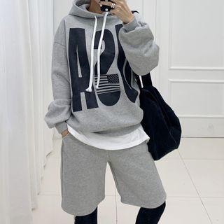 Set: Letter Print Hooded Top + Insert Shorts Leggings