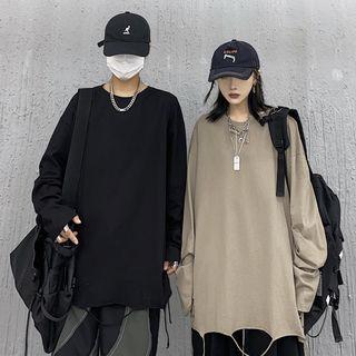 Long-sleeve Distressed Plain Round Neck Top