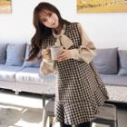 Set: Tie-neck Blouse + Sleeveless Ruffle-hem Gingham Dress Beige - One Size