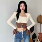 Long-sleeve Two-tone Lace-up Crop Top