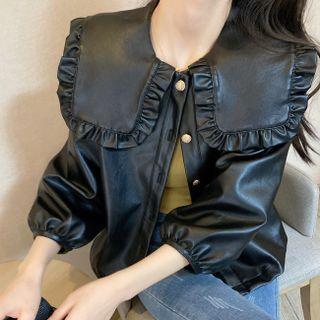 Set : Peter Pan Collar Single-breasted Leather Jacket + Accordion Pleat Leather Skirt / Peter Pan Collar Single-breasted Leather Jacket / Accordion Pleat Leather Skirt