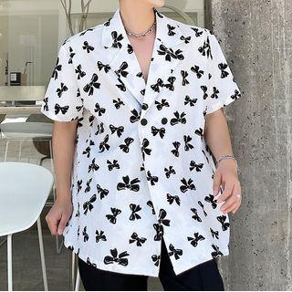 Short-sleeve Bow Print Loose-fit Shirt