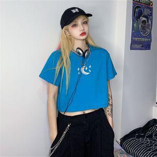 Moon & Star Embroidered Short-sleeve Cropped T-shirt