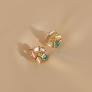 Cats Eye Stone Floral Stud Earring 1 Pair - Pink & Green - One Size