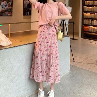 Set: Plain Short-sleeve T-shirt + Flower Print Midi A-line Skirt T-shirt - As Shown In Figure - One Size / Skirt - As Shown In Figure - One Size