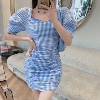 Square-neck Puff Sleeve Two-tone Checker Ruched Mini Sheath Dress