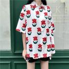 Elbow-sleeve Flower Print Shirt White - One Size