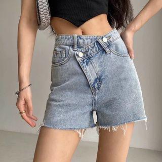 Irregular-waistline Furry-trim Washed Denim Shorts