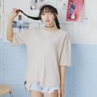 Ripped Hem Elbow Sleeve T-shirt