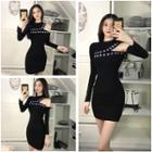 Long-sleeve Cold-shoulder Lettering Mini Bodycon Knit Dress